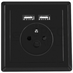 Gniazdo zasilające podtynkowe pojedyncze [2P+Z] 16A + gniazdo ładowania 2x USB (5V / 2,1A) czarna KOMPLETNE Lanberg
