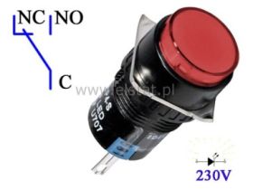 Przełącznik chwilowy okrągły czerwony, 230V AC; 1P