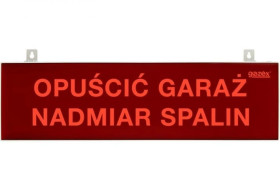 Tablica ostrzegawcza, LED, podświetlana, dwustronna,pulsująca, zasilanie 24V, OPUŚCIĆ GARAŻ NADMIAR SPALIN,