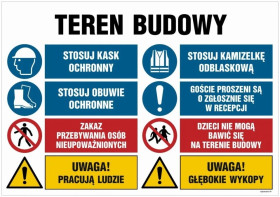 ZNAK - OI019 Teren budowy, Prace budowlane, jeżeli wchodzisz na teren budowy z dziećmi ostrzeż je przed niebezpie 100 x 75 cm PN