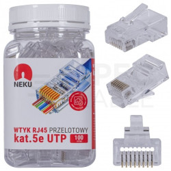 Wtyk modularny RJ45 8P8C kat.5e nieekranowany UTP uniwersalny drut linka przelotowy NEKU opakowanie SŁOIK 100szt.
