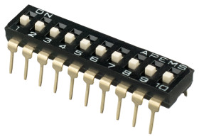 Przełącznik DIP 10-pozycyjny SPST THT 100 mA przy 50 V DC (liniowy), 25 mA przy 24 V DC (impulsowy) -20 → +85°C