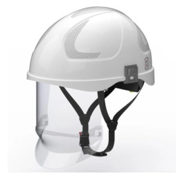 Hubix Biały hełm elektroizolacyjny z osłoną twarzy (ruchomą) W1 klasy 1 Box‑test, do 20 kV AC / 1,5 kV DC SECRA H058S