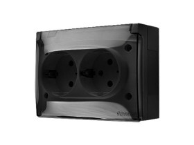 SIMON AQUACLICK Gniazdo podwójne z uziemieniem SCHUKO klapka transparentna z przesłonami zaciski śrubowe IP44 czarny ACGSZ2Z/49A