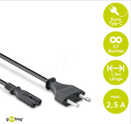 59567 Mains cable, Euro plug, 1.3 m, black, C7