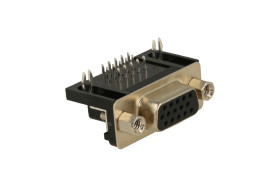 Gniazdo; D-Sub; Canon 15p; 15 torów; przewlekany (THT); kątowe 90°; 3 rzędowe; czarny; plastik; skręcane; RoHS