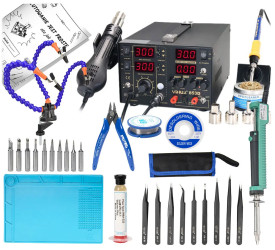 Zestaw stacja lutownicza 853D 5A 30V grot cyna topnik odsysacz pincety uchwyt cążki mata plecionka