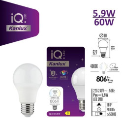 Żarówka LED E27 IQ-LED A60 5,9W-NW 806lm 4000K barwa neutralna Ra90 3 lata Gwarancji 36674