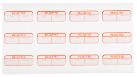 Etykieta czerwona z nadrukiem tekst Rejected 120 szt. RS PRO Klej