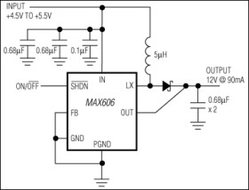 Low-Profile, 5V/12V or Adjustable, Step-Up DC-DC Converter for Flash Memory PCMCIA Cards