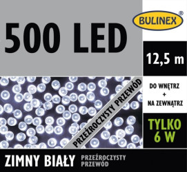 Lampki choinkowe zewnętrzne 500 LED lampki z zasilaczem biały zimny 12,5m dł. + 3m przyłącza 230V/31V 6W IP44 13-454