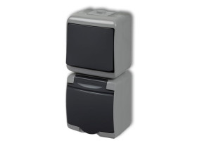 JUNIOR IP54 Wyłącznik pojedynczy z gniazdem pojedynczym z uziemieniem (klapka grafitowa: bez przesłon) popielaty / grafitowy 30W