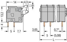 PCB terminal, 2 pole, pitch 5 mm, AWG 28-12, 16 A, cage clamp, light gray, 255-402/000-009/999-950