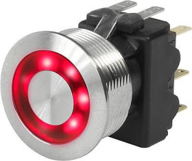 Vandal-proof pushbutton, 1 pole, silver, illuminated  (red), 5 A/125 V, mounting Ø 19.1 mm, IP67, 1241.6624.1121000
