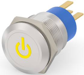 Vandal-proof pushbutton switch, 1 pole, silver, illuminated  (yellow), 0.4 A/250 VAC, mounting Ø 19.2 mm, IP67, 3-2213766-0