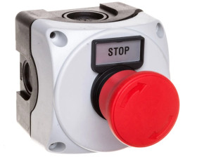 Obudowa szara LPZP1A8 z przyciskiem grzybkowym LPCB6344, odblokowanie przez obrót, etykietą STOP, zestyk 1NZ IP67 LPZP1B802
