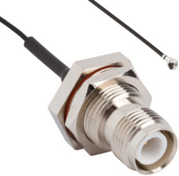 Coaxial cable, TNC jack (straight) to AMC plug (angled), 50 Ω, 1.13 mm micro cable, grommet black, 300 mm, 336212-12-0300