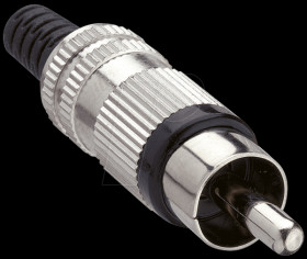 10482 RCA plug, straight, anti-kink protection, metal, black