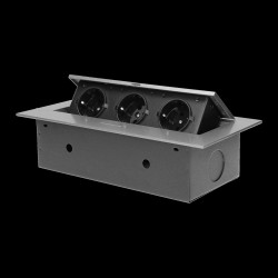 Gniazdo meblowe wpuszczane w blat z płaskim rantem. 3x2P+Z (Schuko).srebrne OR-AE-1371(GS)/G