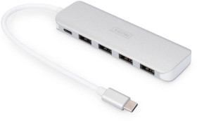 Digitus DA-70242-1 USB-Hub 4+1 Port USB-A USB 3.0 5 GBit/s z gniazdem szybkiego ładowania, z wtyczką USB-C, aluminiowa o