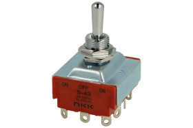 Przełącznik; dźwigniowy; S43; 3*1; ON-OFF-ON; 1 tor; 3 pozycje; bistabilny; na panel; do lutowania; 20A; 125V AC; pomarańczowy;
