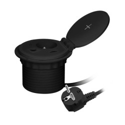 Gniazdo meblowe Ø8cm wpuszczane w blat z ładowarką indukcyjną, ładowarką USB z 2 gniazdami A i C, przelotką kablową,OR-GM-9015/B