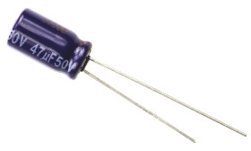 Kondensator 47μF 50V dc Radialny, Otwór przelotowy Panasonic roztaw: 2.5mm 6.3 (Dia.) x 11.2mm