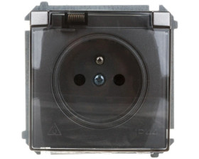 Simon Basic Gniazdo bryzgoszczelne z/u IP44 z przesłoną torów i klapką stal inox BMGZ1Bz.01/21a