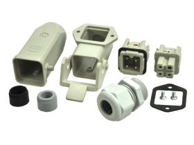 Złącze gniazdo+wtyk; Han Kit; 10200030004; 4 tory; 3A; plastik; kątowe 90°; wtyk w obudowie na przewód; śrubowy; z 1 klamrą; 10A