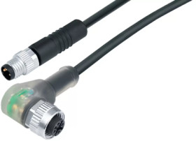 Sensor actuator cable, M8-cable plug, straight to M12-cable socket, angled, 3 pole, 1 m, PUR, black, 4 A, 77 3634 3405 50003-010