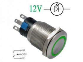 Przycisk chwilowy 19mm płaski LED zielony 12V