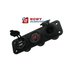 Gniazdo zapalniczki voltomierz 2xUSB: 1,0A + 2,1A, Hermetyczne montażow