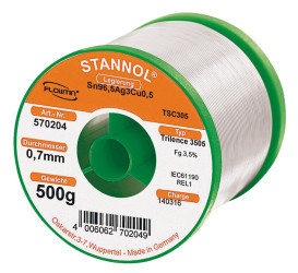 Lut bez ołowiu średnica 0.7mm Stannol 0% Pb temp. topnienia 217°C 500g 0.5% Cu 96.5% Zn 3% Ag