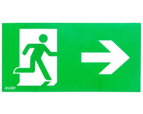 Piktogram PD25 150x300 strzałka w prawo człowiek w drzwiach logo awex (ISO7010)