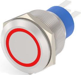 Vandal-proof pushbutton switch, 1 pole, silver, illuminated  (red), 5 A/250 V, mounting Ø 22.2 mm, IP67, 2-2213772-7