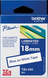 TZE-243 Laminated labelling tape, blue on white, 18 mm