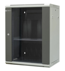 Szafa wisząca niedzielona 19 15U, drzwi blacha/szkło, ściągane osłony boczne z zamkiem, 600×450×770 szer./gł./wys. mm RAL: sza