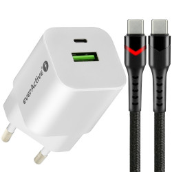 Ładowarka sieciowa everActive GaN SC-390Q z gniazdem USB QC3.0 oraz USB-C PD PPS 30W + kabel USB-C PD CBB-1PDR LED 1m