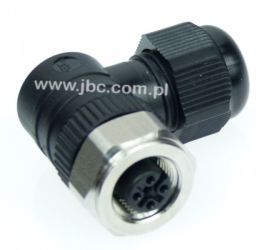 RKCWN 5/9, M12, 5 styków, złącze żeńskie (gniazdo) kątowe, dławik SW19 (4-8mm), nakrętka ze stali szlachetnej, czarne, LUMBERG,