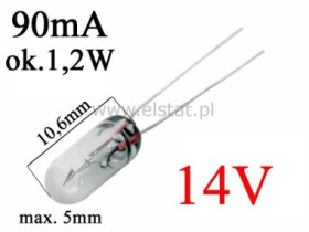 Żarówka 14V; 90mA; 1,2W; z drutami; 5mm ( 2szt)