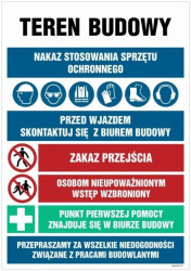 ZNAK - OI004 Teren budowy, Nakaz stosowania sprzętu ochronnego, przed wjazdem skonsultuj się z biurem budowy, Zak 70 x 105 cm FN