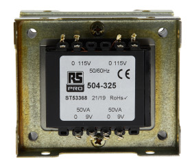 Transformator do zabudowy Napięcie wtórne 9V ac 100VA Napięcie pierwotne 115V ac 2-wyjściowy 87% RS PRO