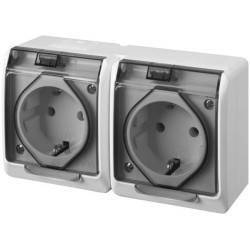 Gniazdo zasilające podwójne natynkowe hermetyczne IP44 białe z klapką czarną 2x 2P+Z Schuko 16A HERMES ELEKTRO-PLAST NASIELSK