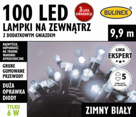 Lampki choinkowe zewnętrzne 100 LED z dodatkowym gniazdem biały 9,9m dł. + 1,5m przyłącze, łącz. max 5 kpl. 230V 6W IP44 25-852