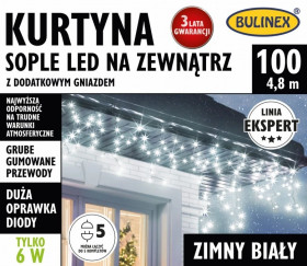 Kurtyna świetlna zewnętrzna 100l kurtyna sople z dod.gniazdem 4,8m dekoracji+1,5m przewodu zasilającego biały 25-652