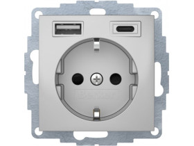 B.x Gniazdo z uziemieniem SCHUKO z ładowarką USB A+C 2.4/3.0 A samozaciski alu mat 48041404 HAGER