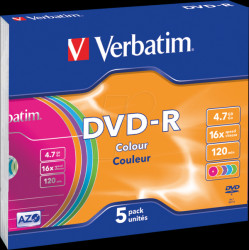 43557 Verbatim DVD-R 4.7 GB, colour, slim case pack of 5