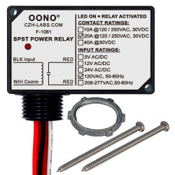 AC 120V SPST Power Relay Module, 20Amp 250Vac/30Vdc, Plastic Enclosure and Pre-wired, OONO F-1061