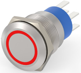 Vandal-proof pushbutton, 2 pole, silver, illuminated  (red), 5 A/250 VAC, mounting Ø 19.2 mm, IP67, 4-2213764-7