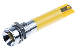 Lampka kontrolna do montażu panelowego 24V dc, Żółta 8mm Dioda LED migająca Chrom Końcówka lutownicza RS PRO